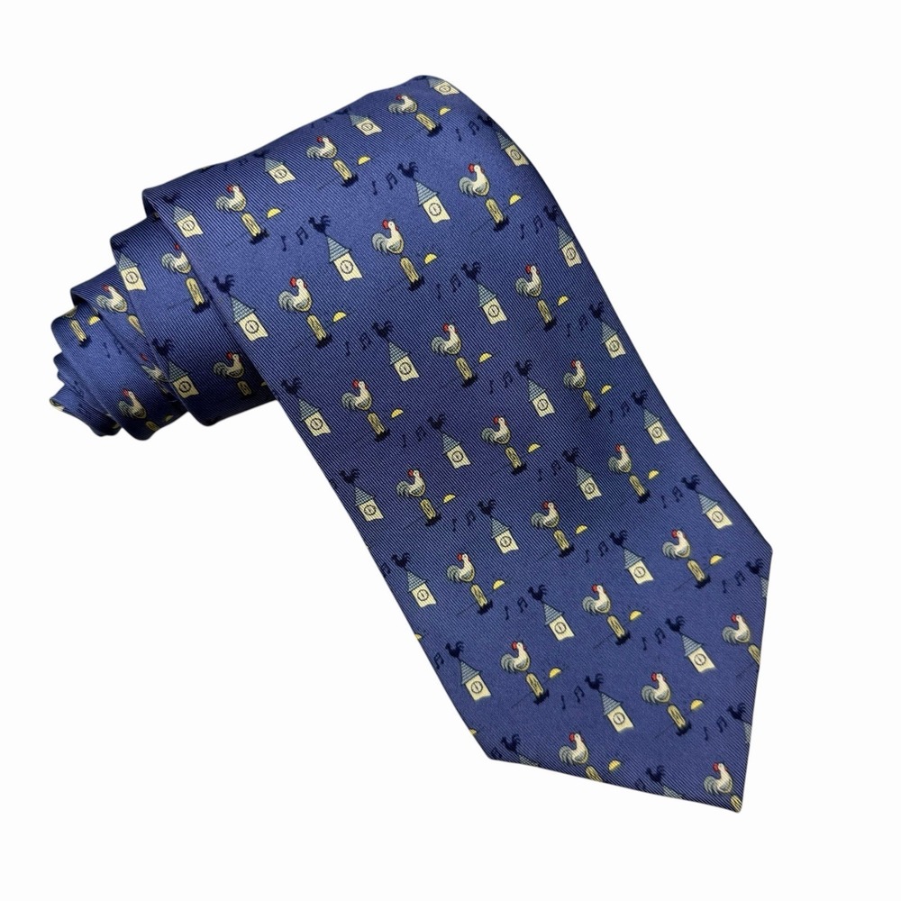 Hermes Men's Tie Rooster Clock Tower Navy Blue Silk 7871 UA 3 5/8" (W) x 64" (L) - Picture 2 of 4